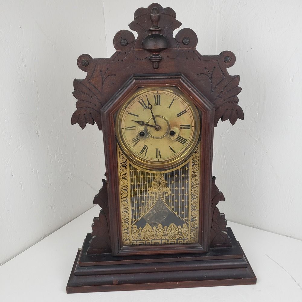 Antique E Ingraham & Co Gingerbread Mantel Clock Carved Wood Bristol Conn